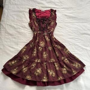 Axes Femme Burgundy brown floral print sleeveless corset lacing dress sz medium